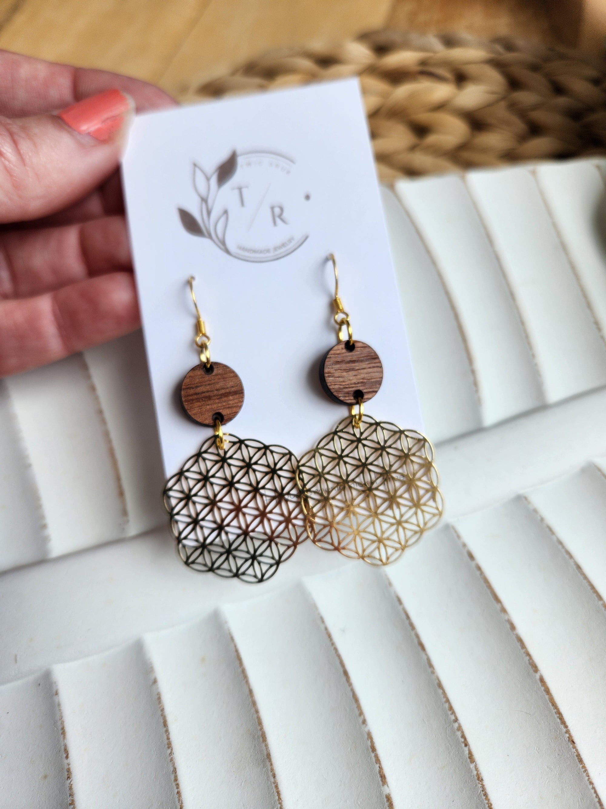 Gold and Wood Filigree Earring