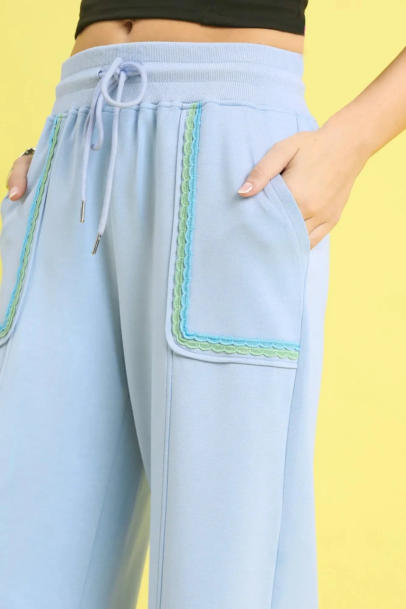 Umgee Drawstring Wide Leg Pants with Scallop Trim Detail-3