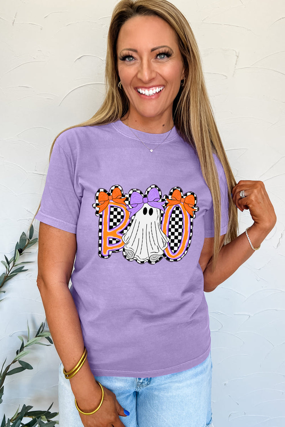 Wisteria Boo Checkered Ghost Crewneck Graphic Tee