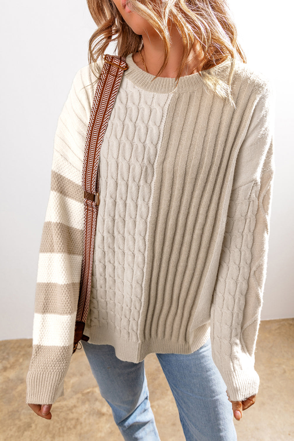 Cable Knit Color Block Crew Neck Sweater-0