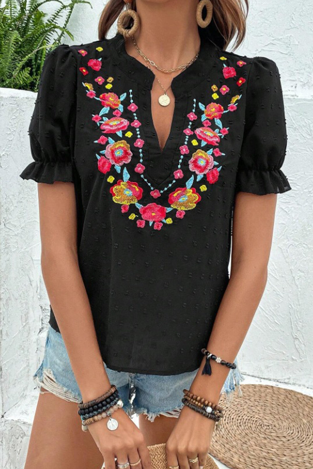 Black Embroidered Floral V Neck Bubble Sleeve Blouse