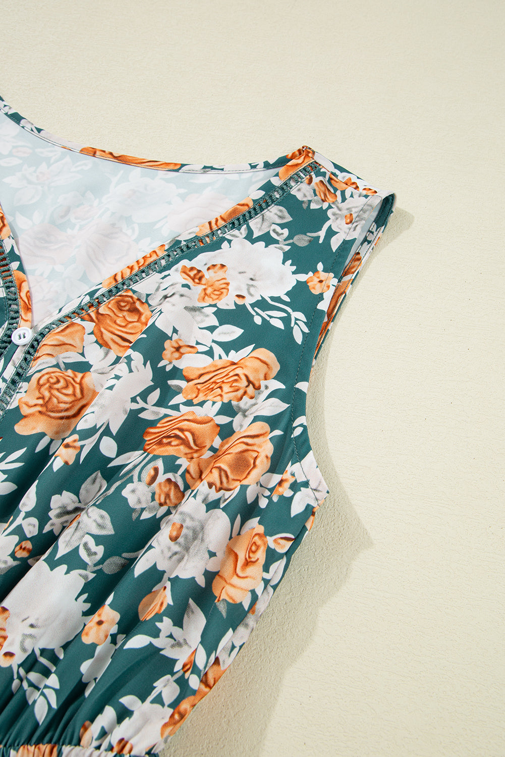 Green Floral Print Trimmed V Neck Sleeveless Vacation Dress