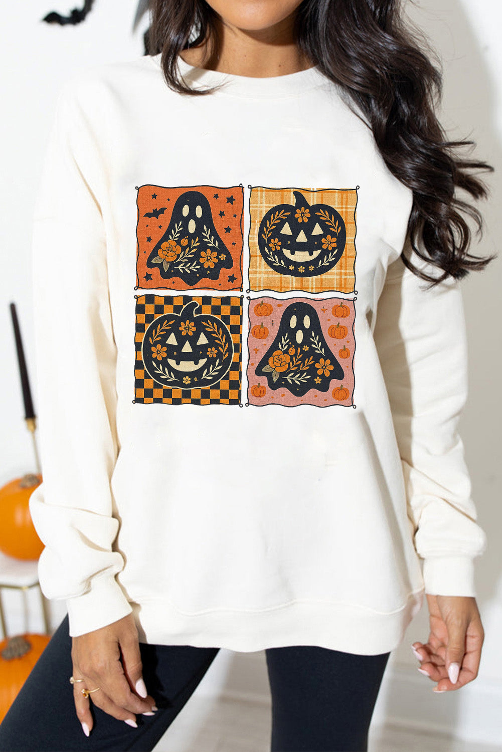 White Halloween Ghost Pumpkin Face Floral Checkered Graphic Sweatshirt