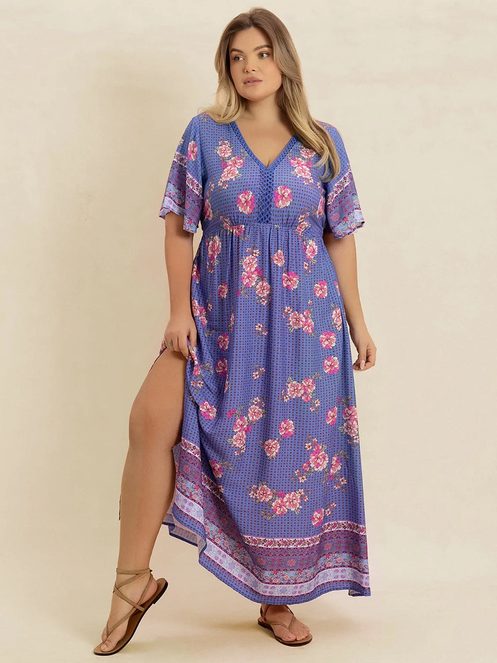 Plus Size Printed V-Neck Flutter Sleeve Dress