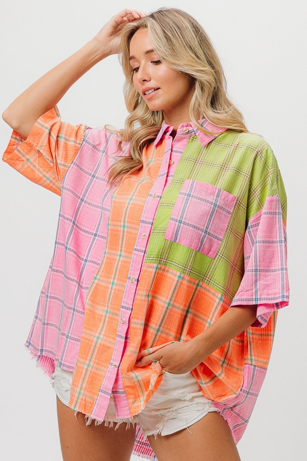 BiBi Plaid Collared Neck Half Sleeve Shirt-2