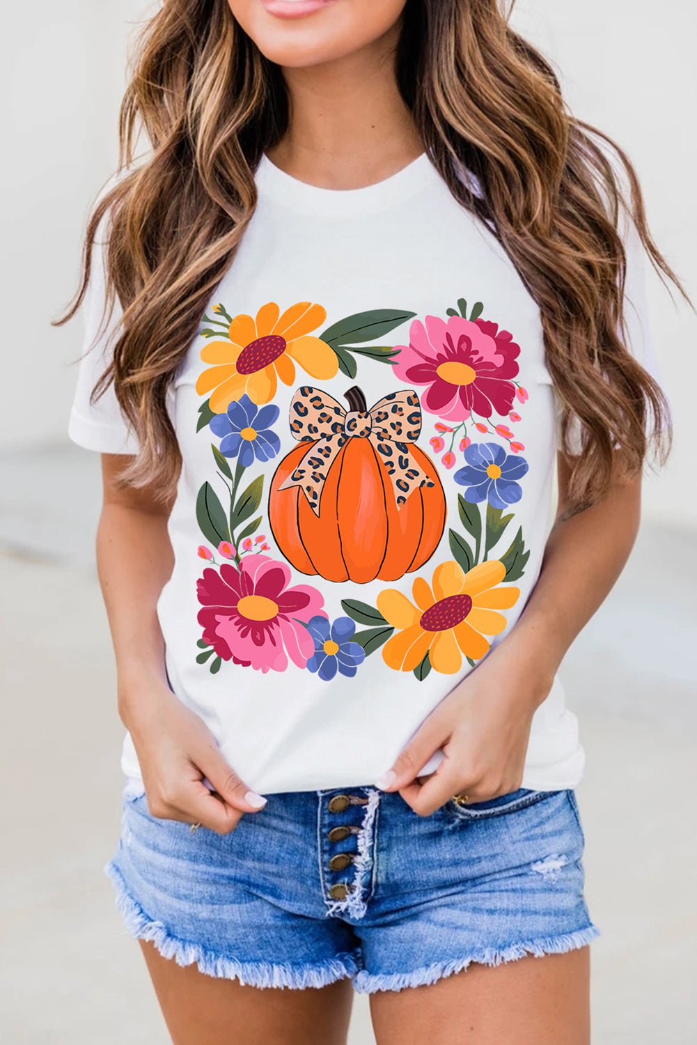 White Flower and Pumpkin Graphic Crewneck Tee