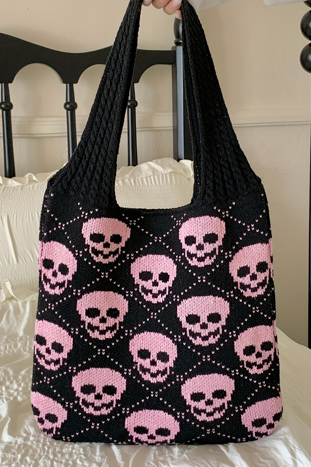 Black Plaid Skull Knit Tote Bag