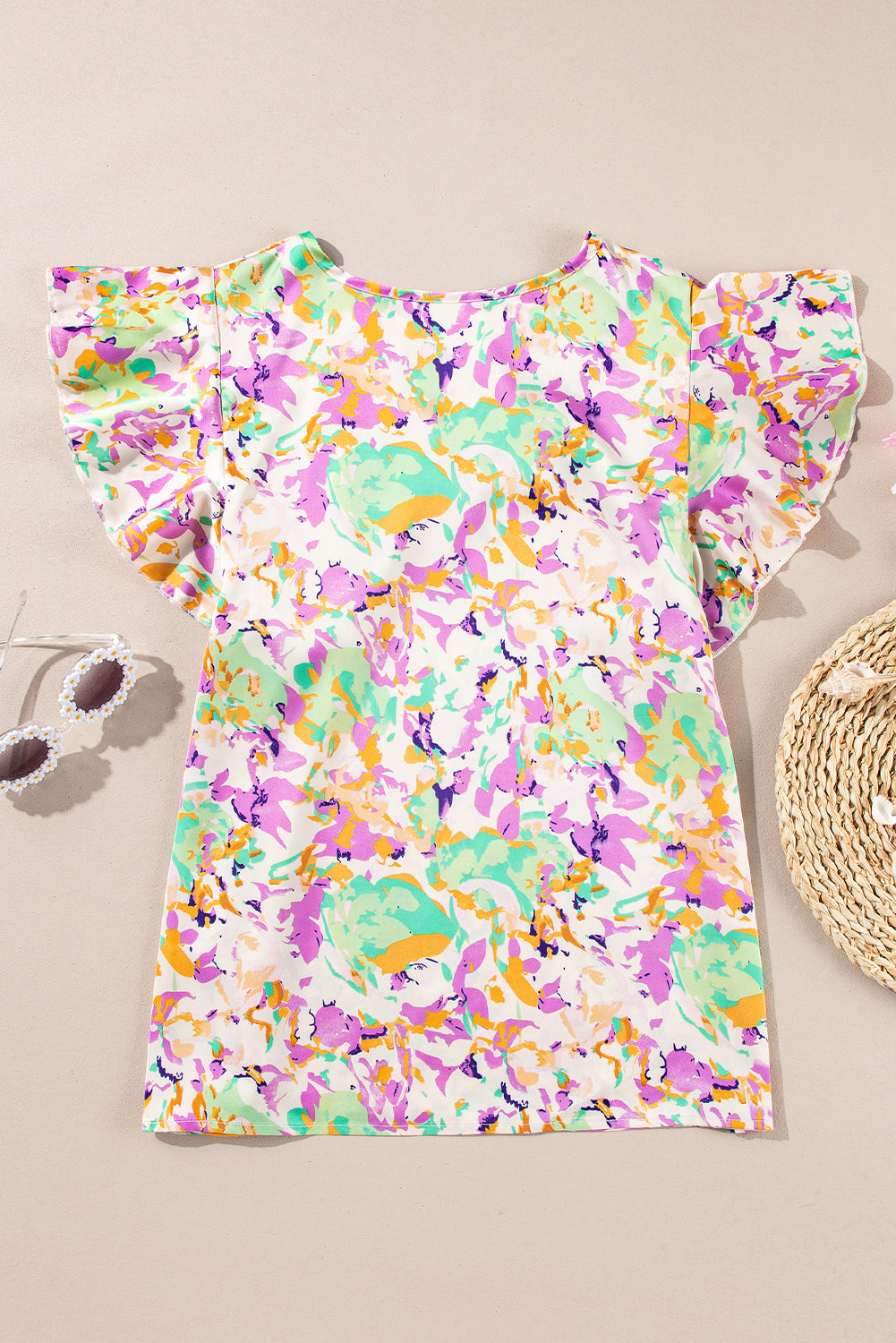 Purple Abstract Print Ruffled Short Sleeve Notched Neck Blouse