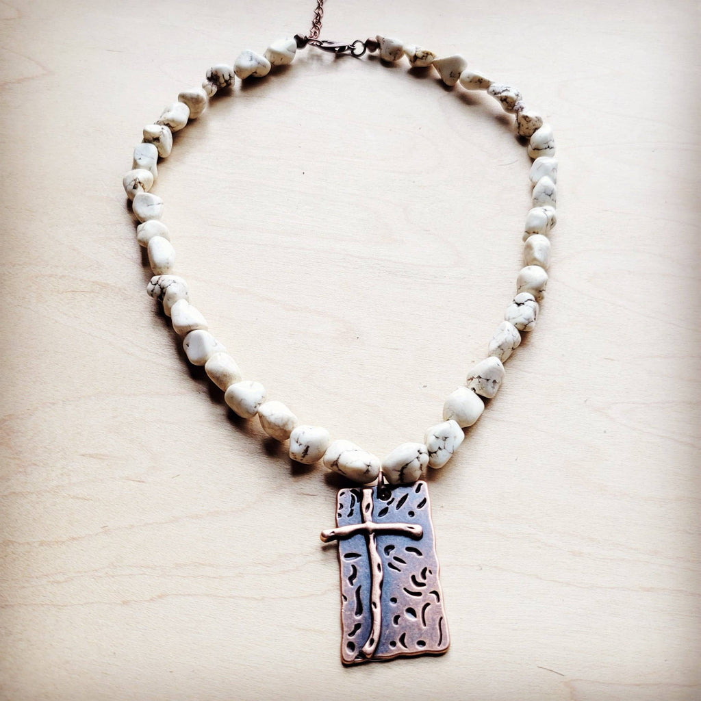 White Turquoise Collar Necklace w/ Copper Cross Pendant 259y