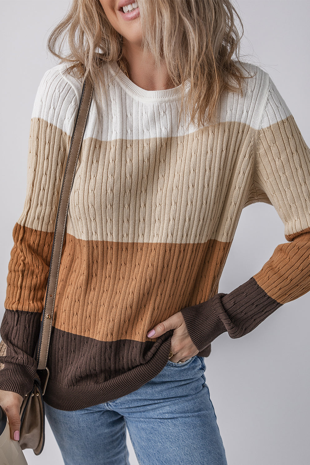Khaki Colorblock Cable Knit Round Neck Sweater