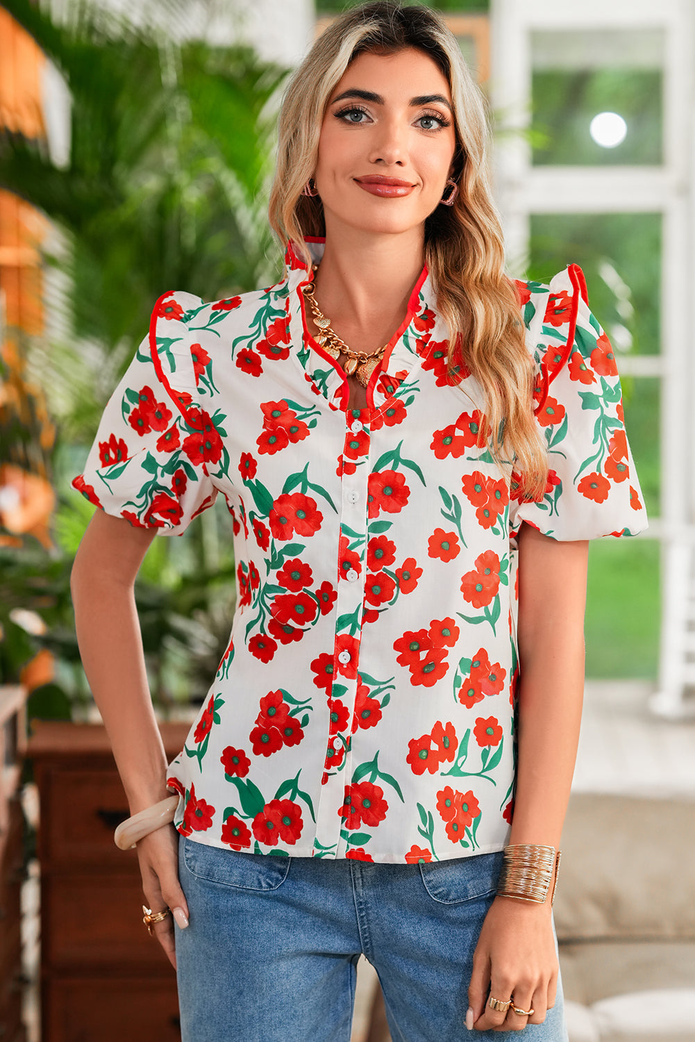 Red Floral Print Ruffle Puff Sleeve Summer Shirt