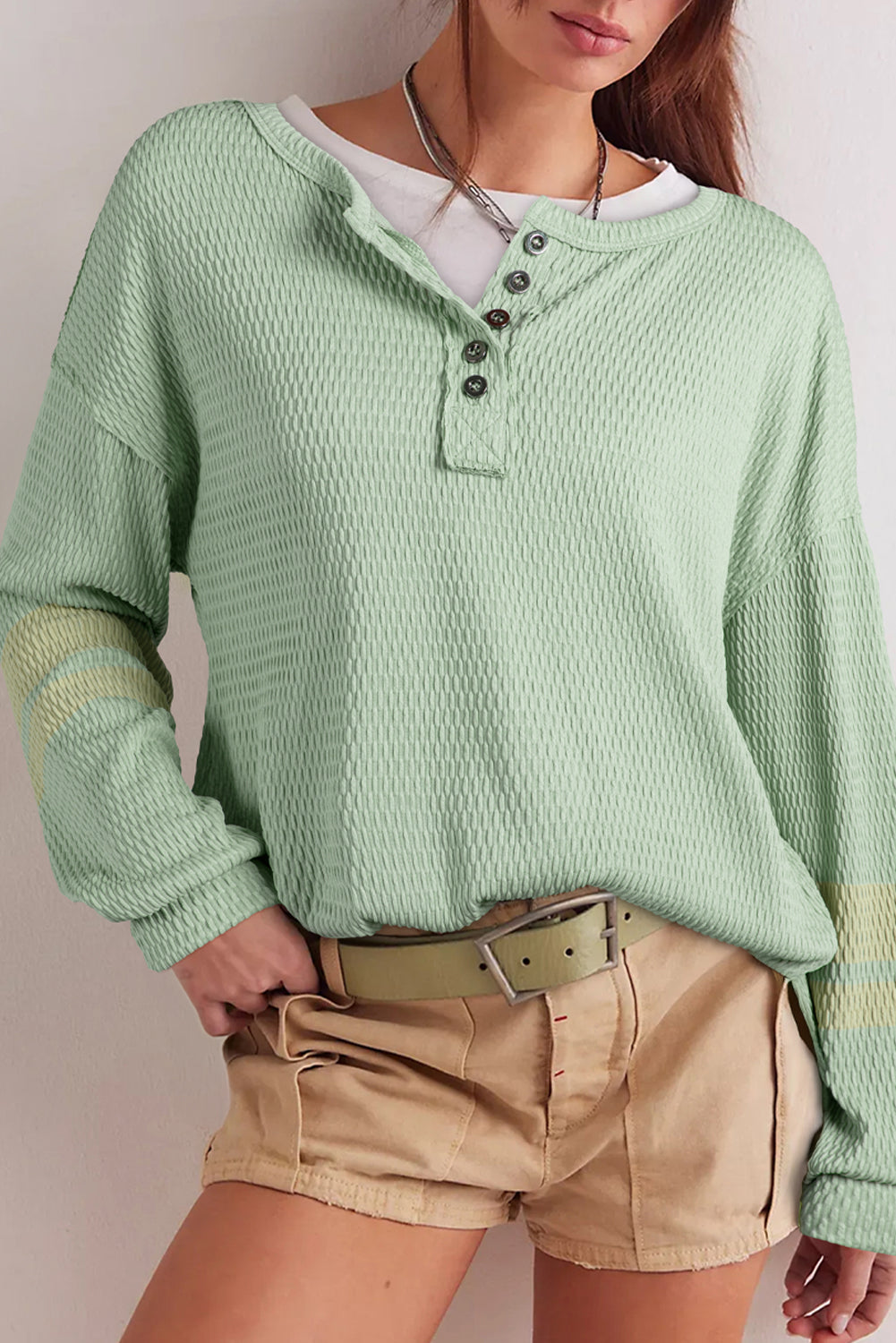 Meadow Mist Green Textured Colorblock Sleeve Henley Sweatshirt