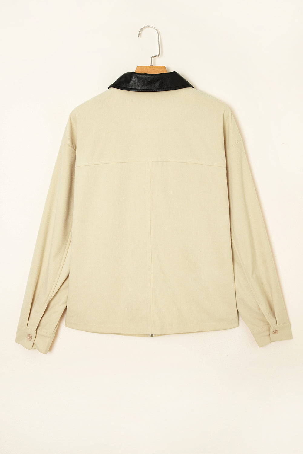 Parchment Contrast Leather Collar Textured Zip Up Jacket