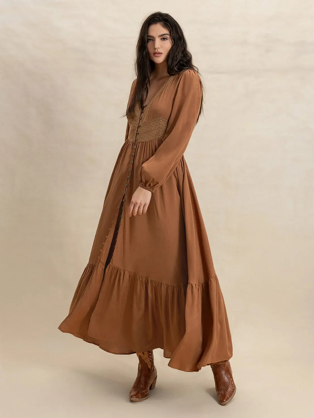 Ruffled Hem V-Neck Balloon Sleeve Maxi Dress