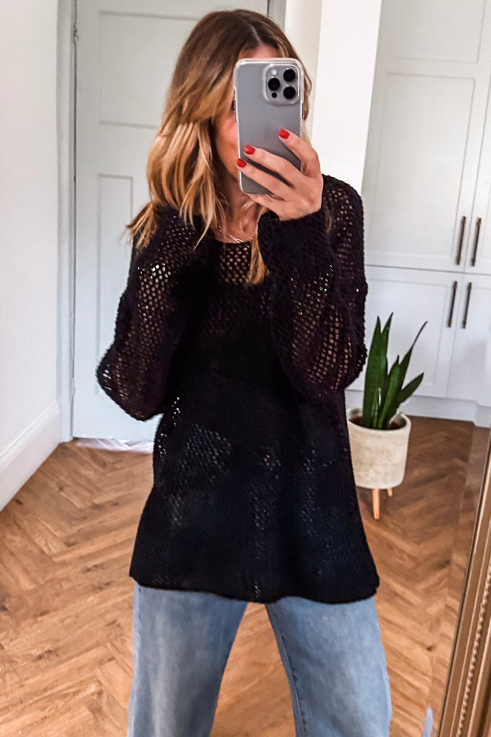 Black Crochet Hollow-out Knit Sweater