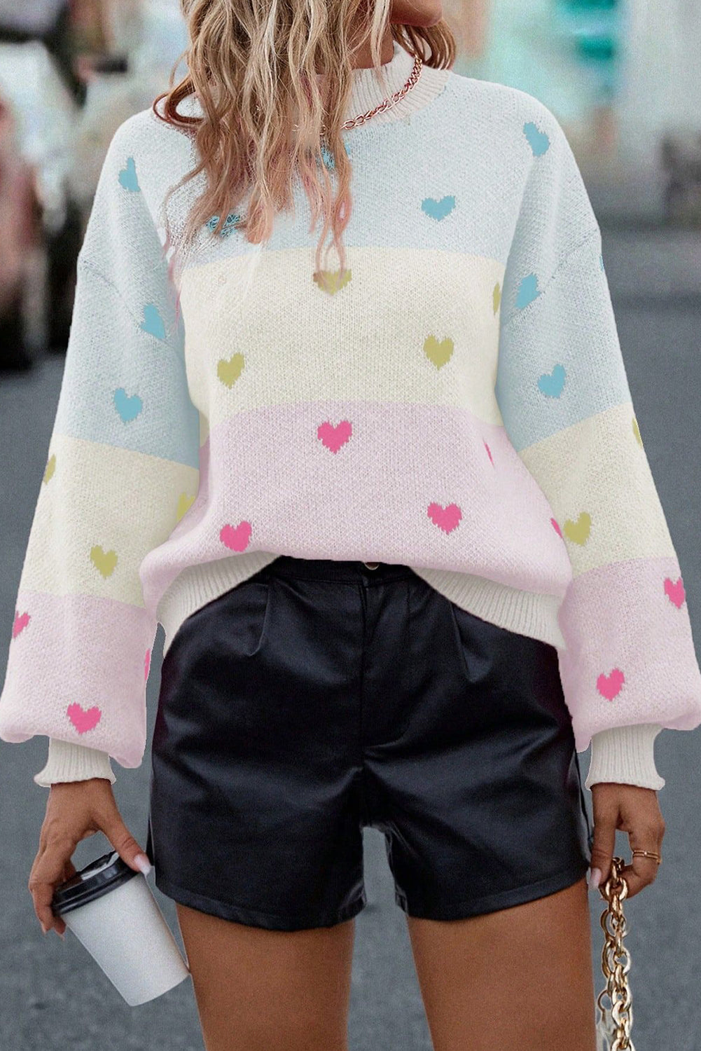 Multicolor Heart Pattern Colorblock High Neck Sweater