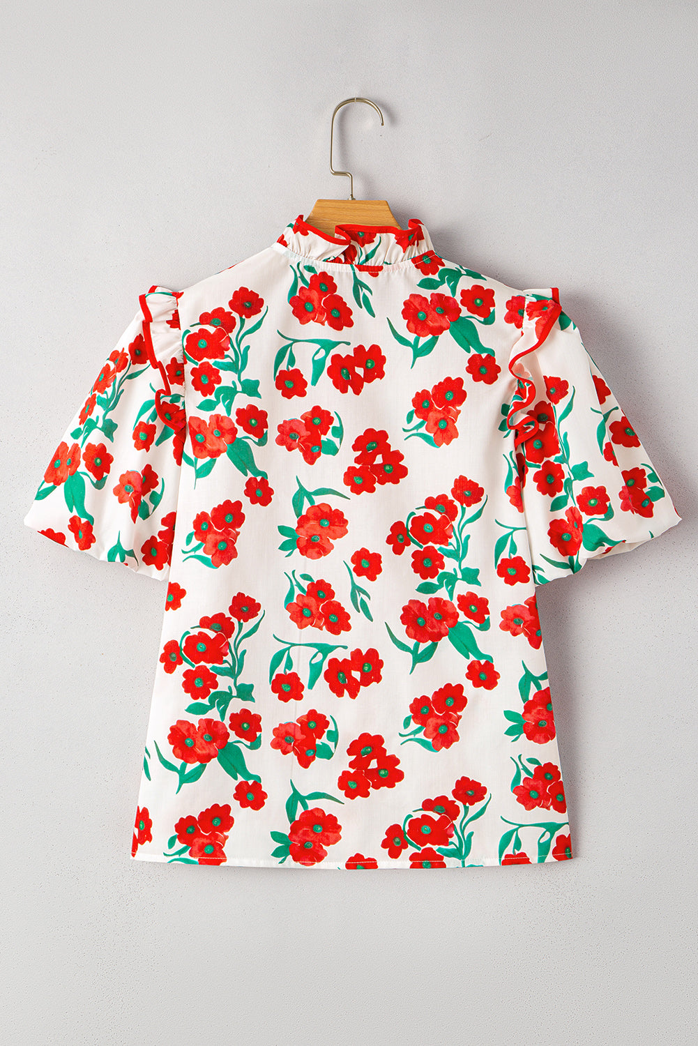 Red Floral Print Ruffle Puff Sleeve Summer Shirt