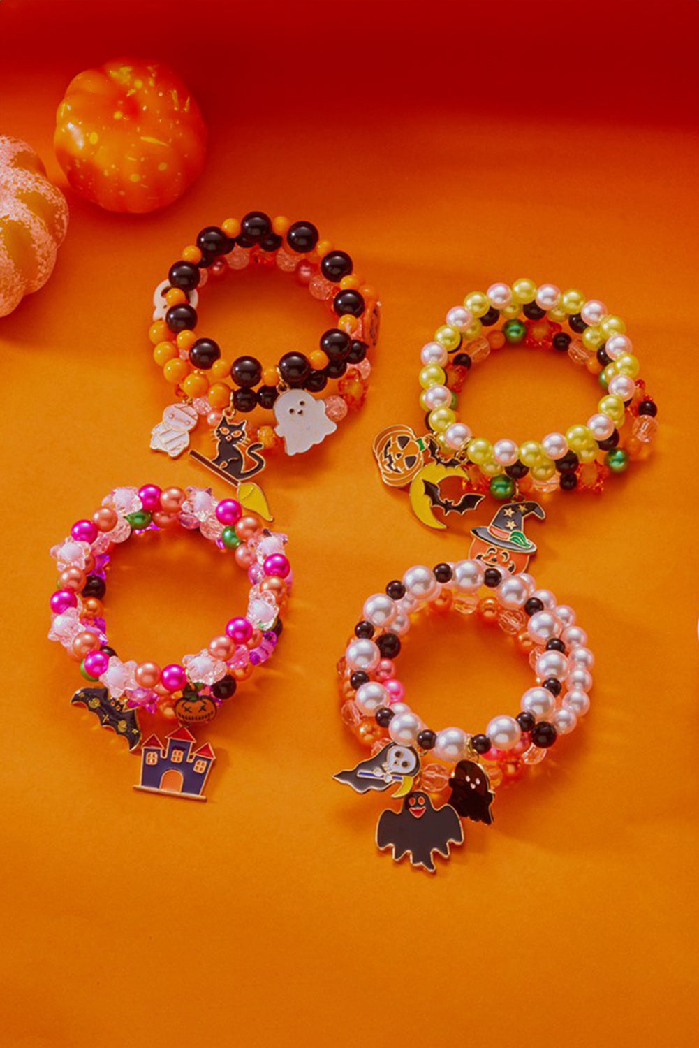 Orange 3pcs Halloween Pendent Elastic Beaded Bracelet Set