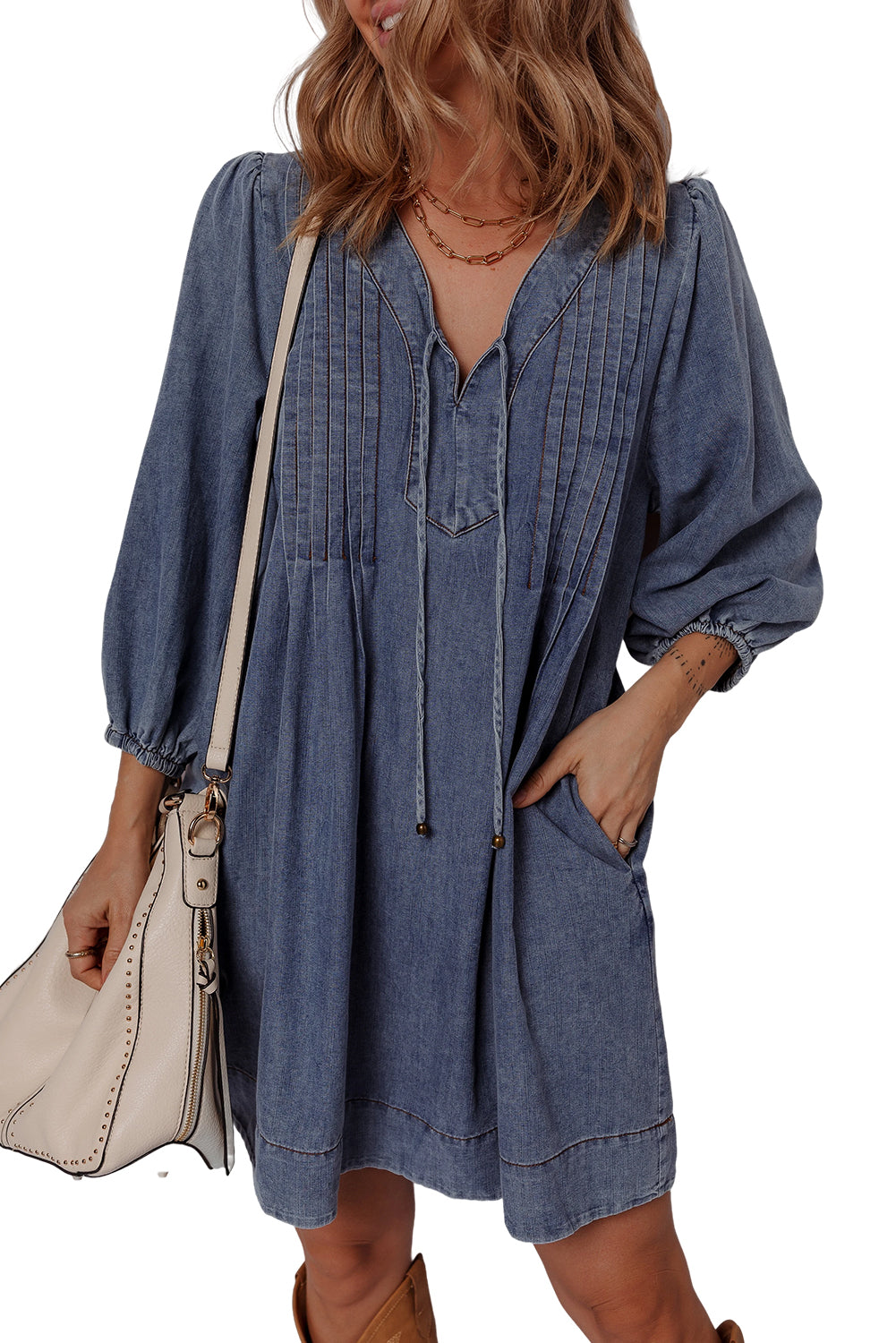 Sail Blue Pleated V Neck 3/4 Sleeve Denim Mini Dress