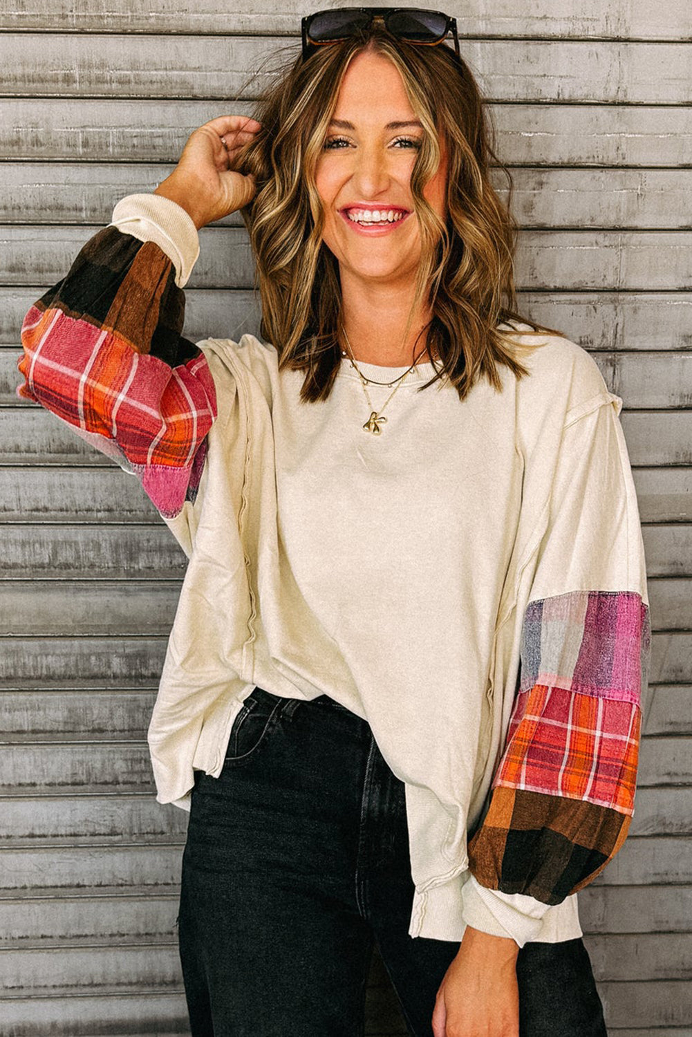 Beige Plaid Patchwork Long Sleeve Exposed Seam Loose Top
