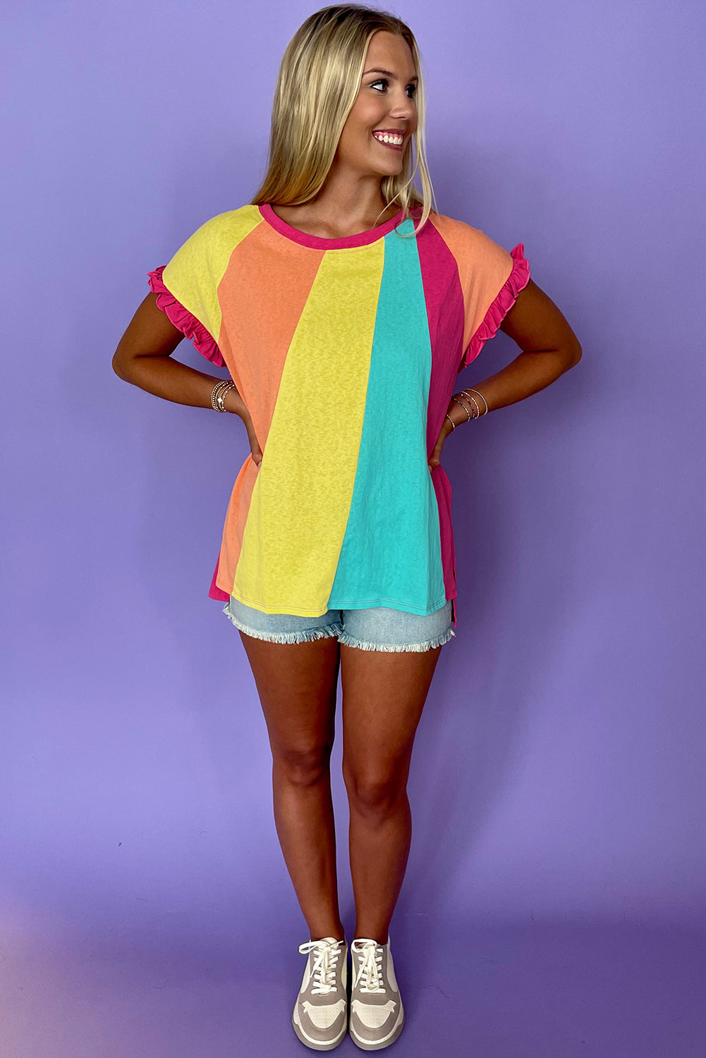 Rose Red Colorblock Ruffle Sleeve Loose Fit T Shirt