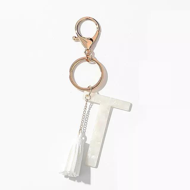 Tasseled Initial Key Chain, White-18