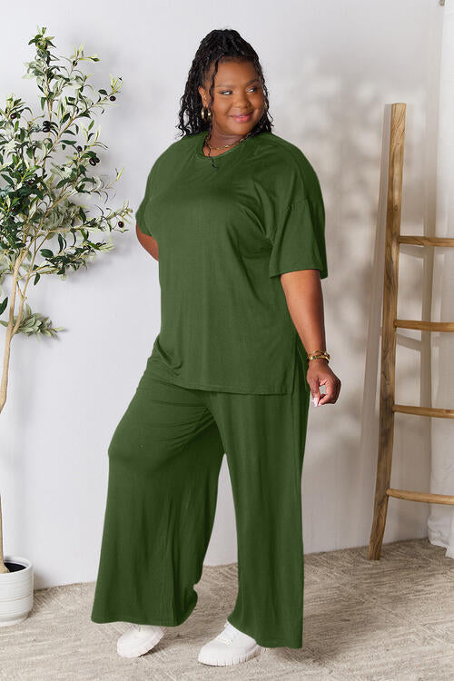 Double Take Full Size Round Neck Slit Top and Pants Set-8