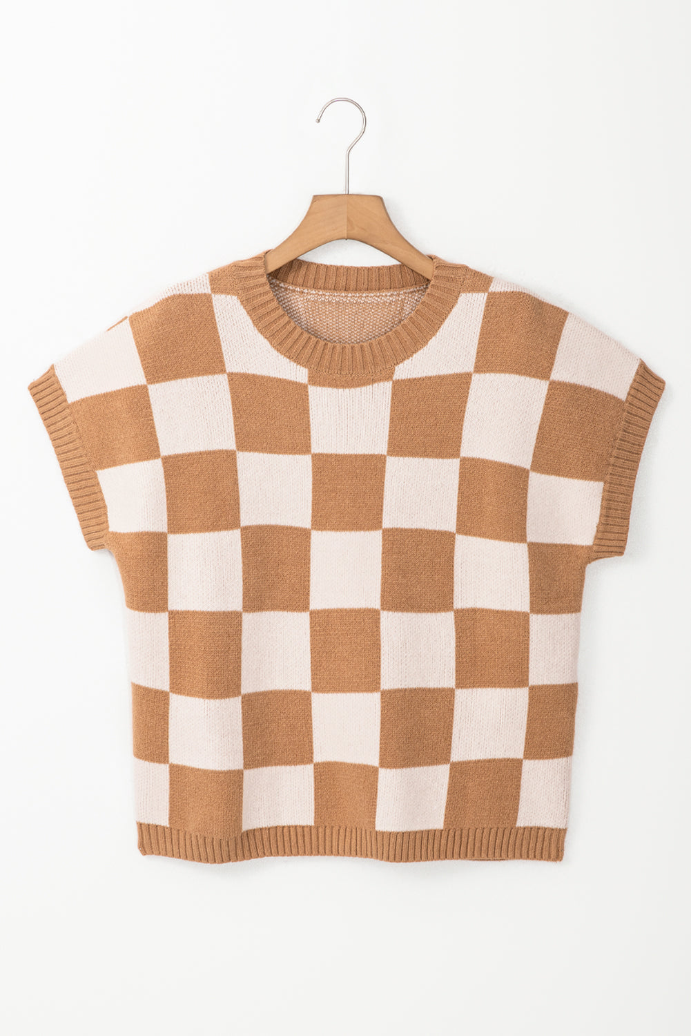 Light French Beige Checkered Knit Dolman Short Sleeve Sweater