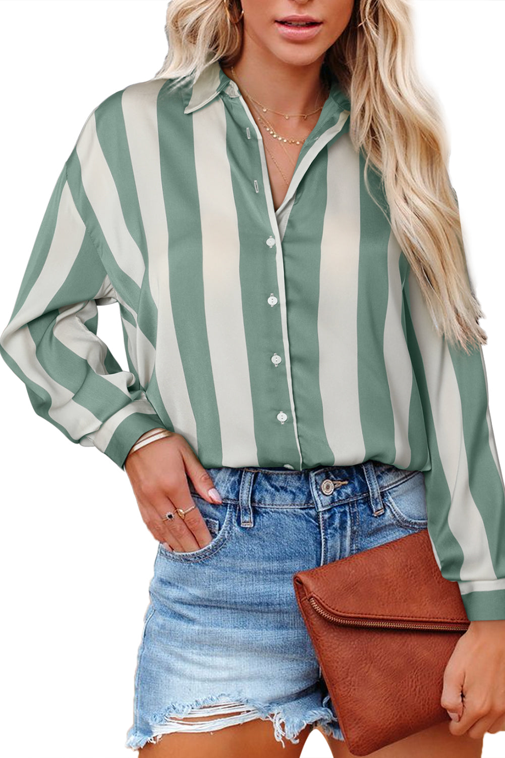 Green Striped Soft Relaxed Button Up Shirt