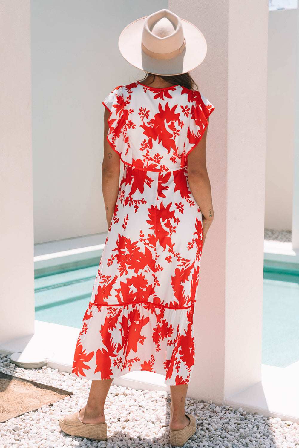 Scarlett Floral Trimmed V Neck Ruffle Sleeve Long Dress-1