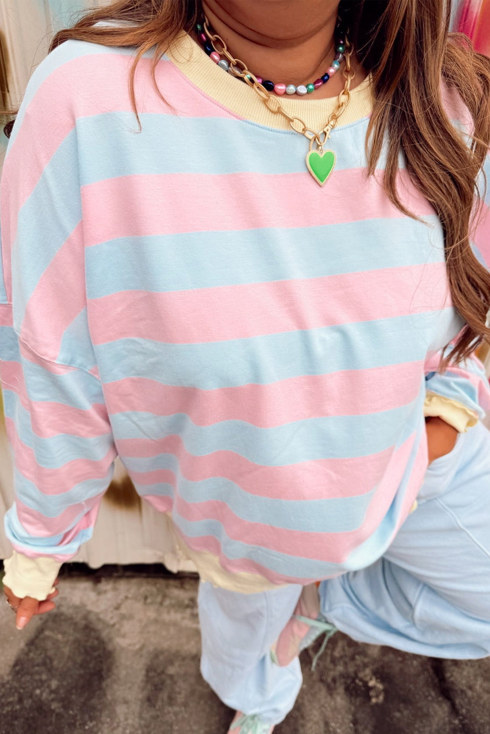 Sky Blue Stripe Colorblock Plus Size Sweatshirt