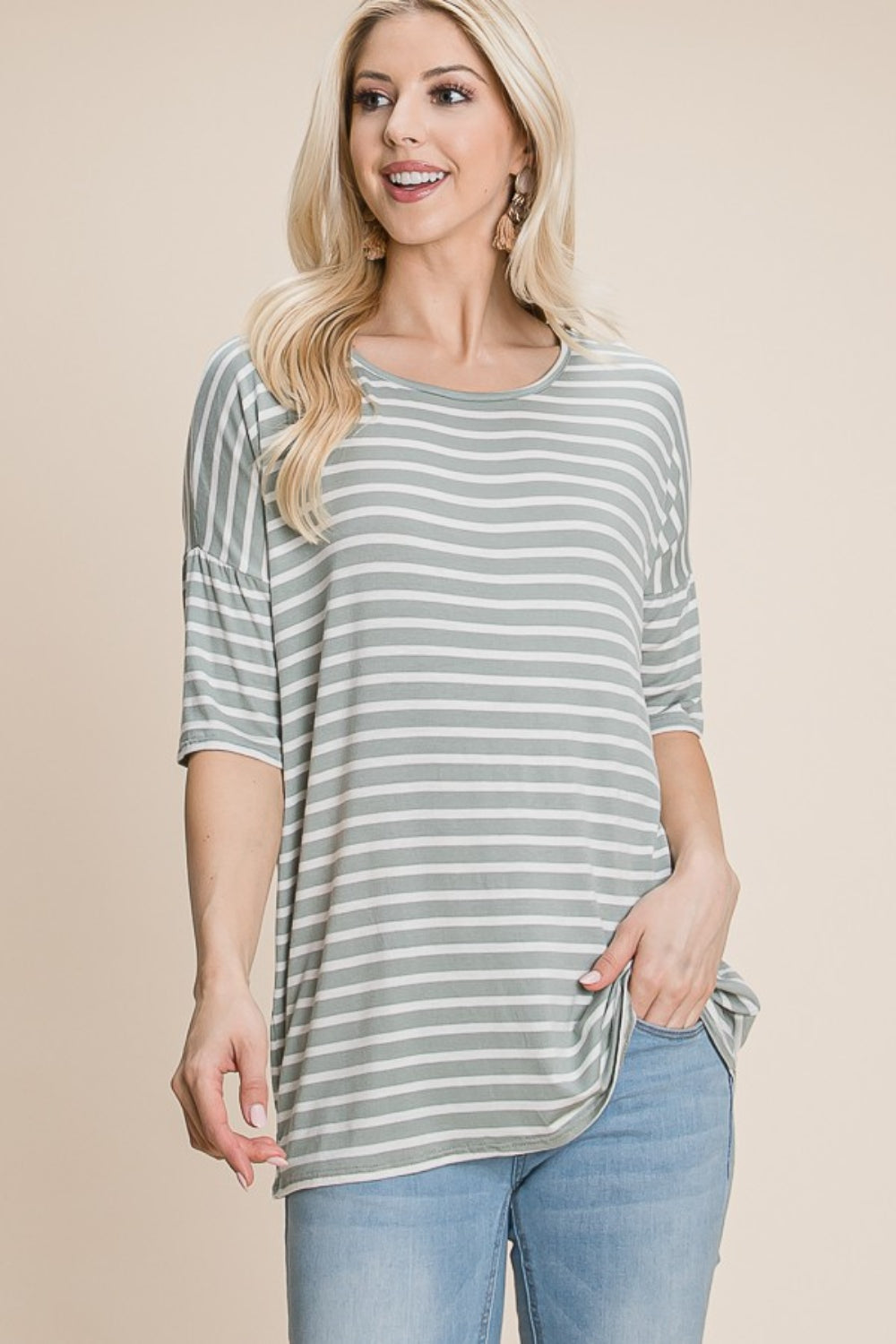 BOMBOM Striped Round Neck T-Shirt-0