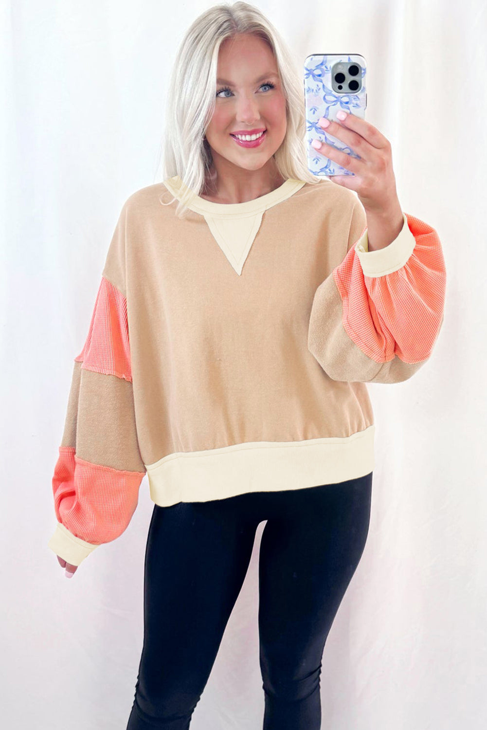 Light French Beige Waffle Textured Patchwork Pullover Sweatshirt