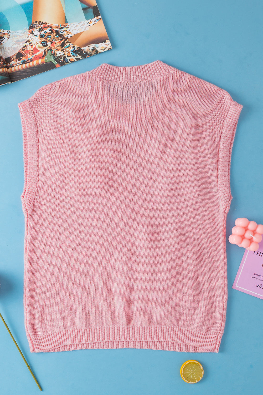 Pink Flower Patch Knit Round Neck Tee