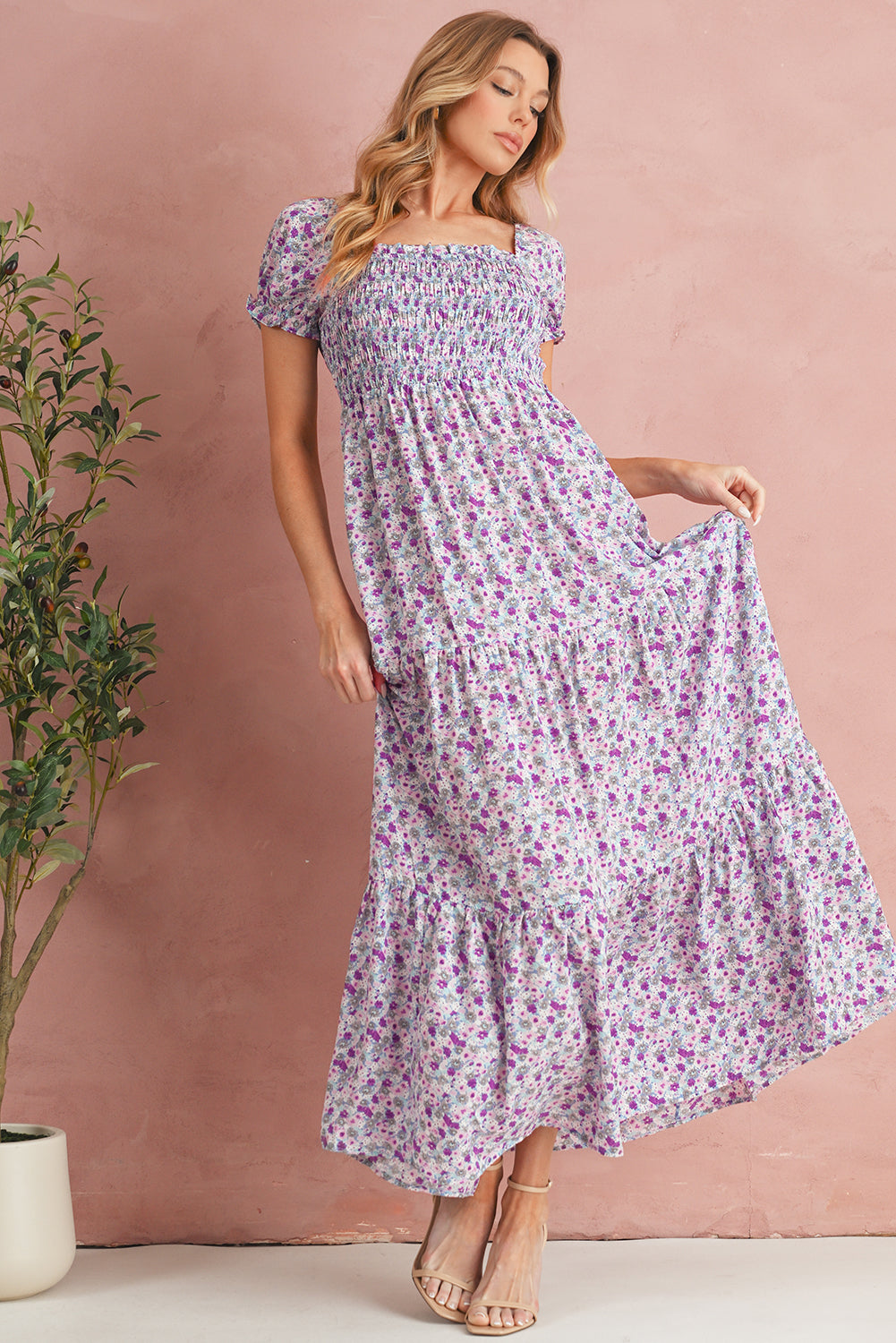 Purple Floral Short Bubble Sleeve Smocked High Waist Maxi Dress