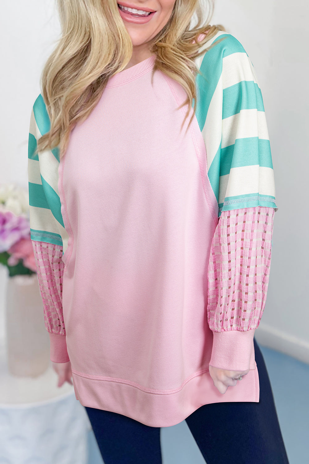 Bonbon Striped Colorblock Patchwork Raglan Sleeve Top