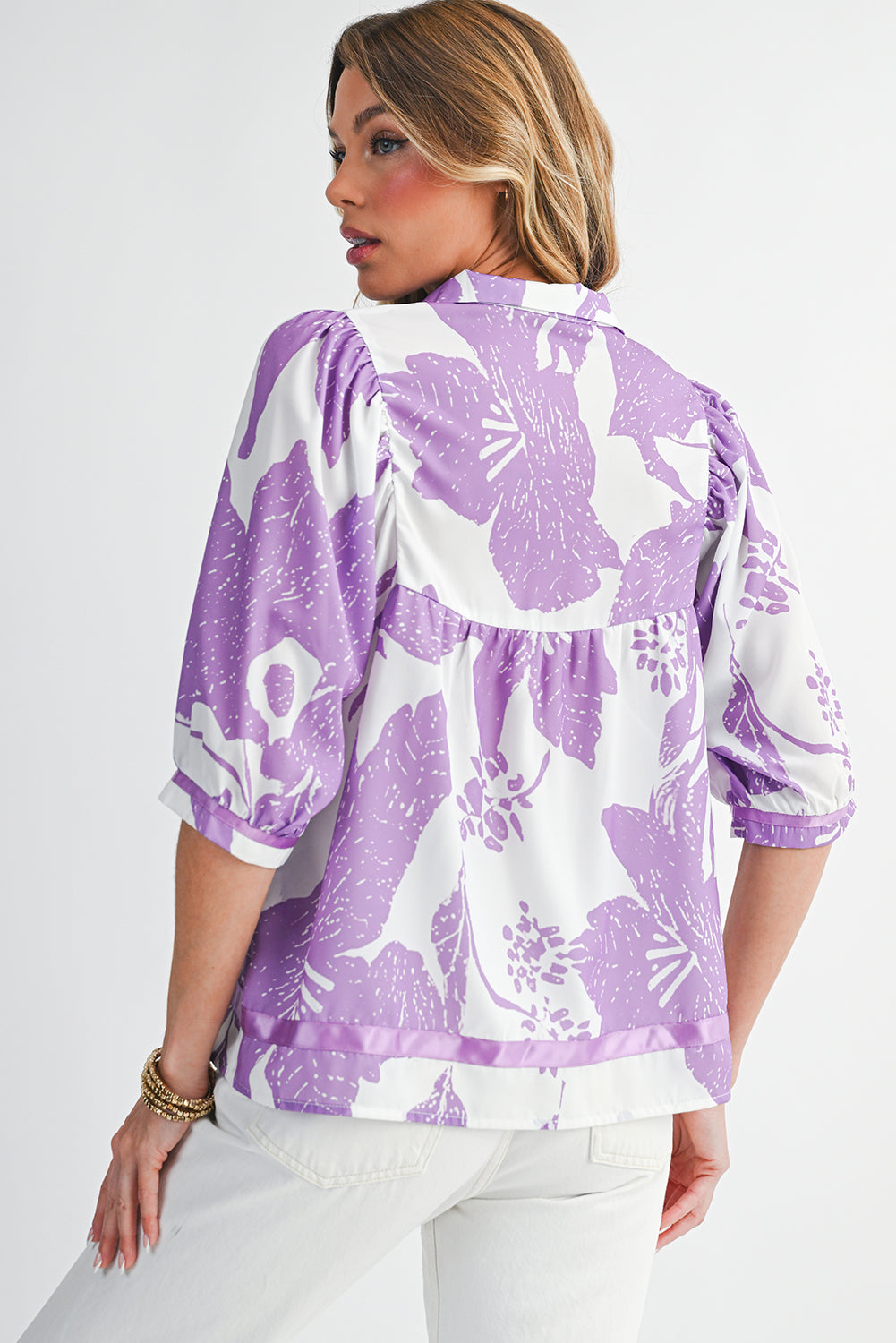Purple Floral V-Neck Bubble Sleeve Blouse