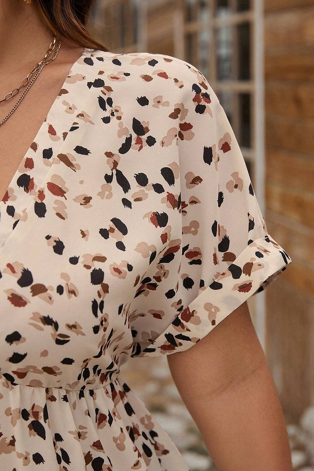 Beige Abstract Print Surplice V Neck Cuffed Sleeve Empire Waist Plus Size Dress