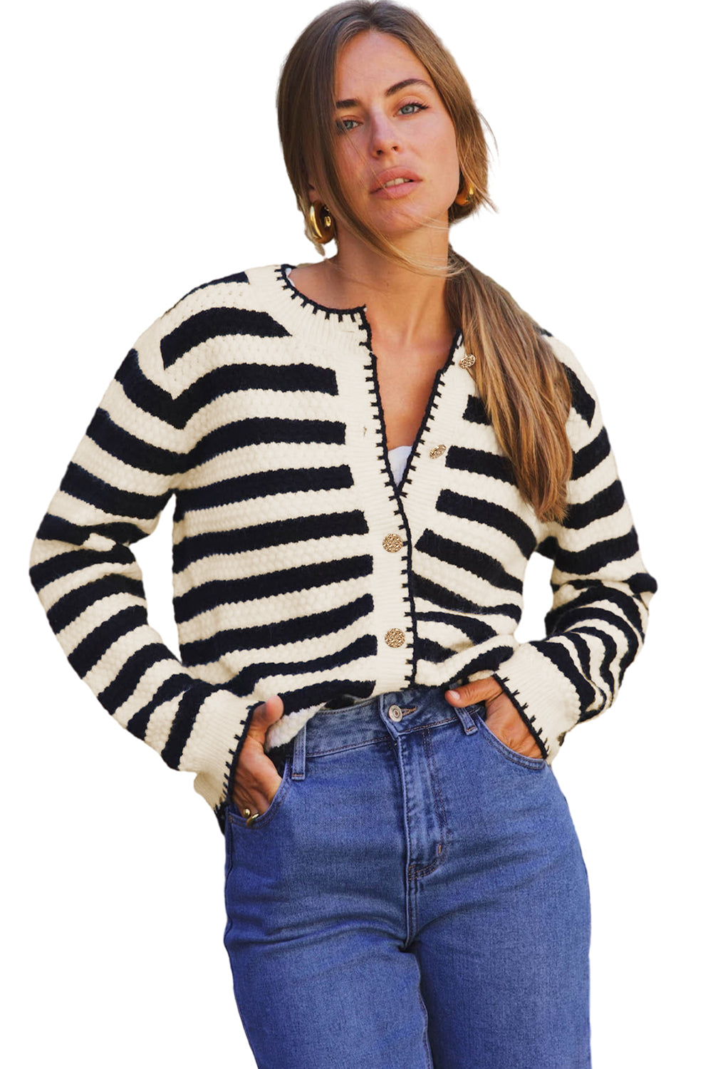 Black Striped Chic Button Round Neck Knit Cardigan