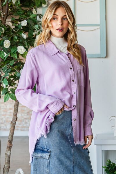 Veveret Raw Hem Button Up Long Sleeve Shirt-3