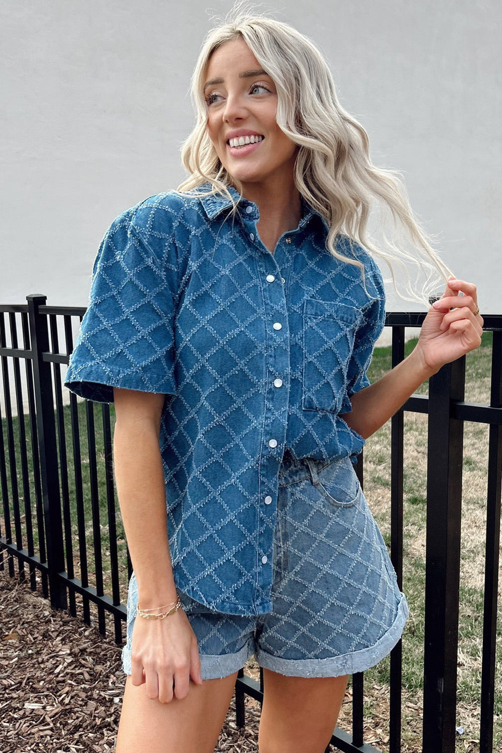 Dusk Blue Checkered Textured Short Sleeve Pocket Denim Shirt