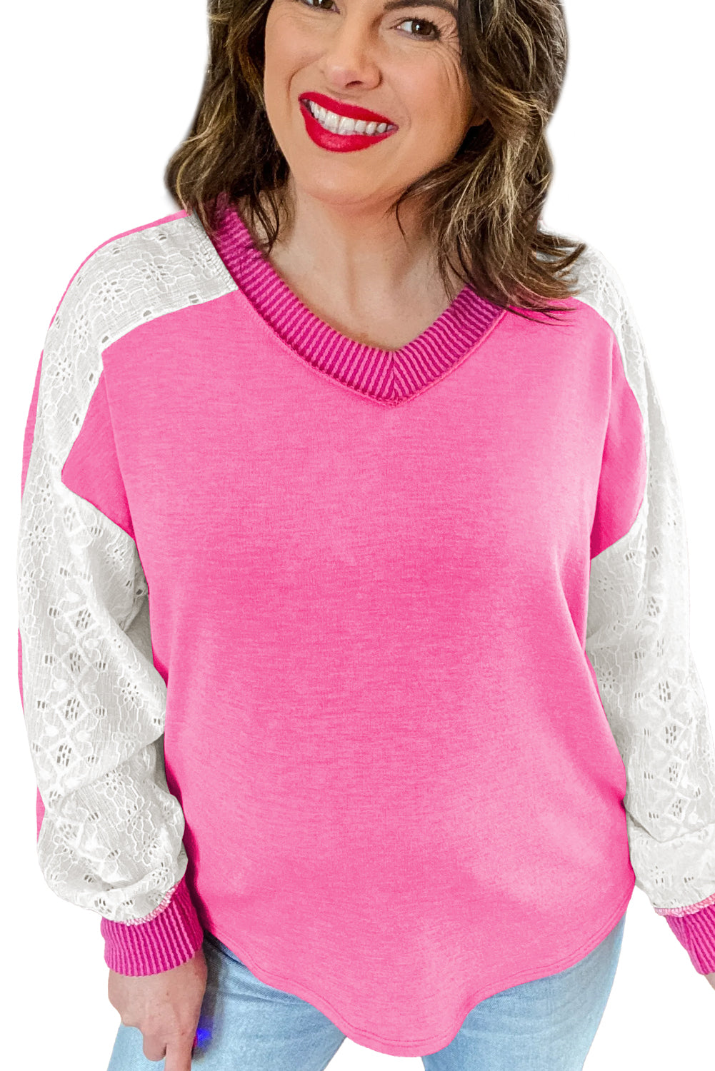 Bonbon Lace Patchwork Corded Trim Plus Size Long Sleeve Top