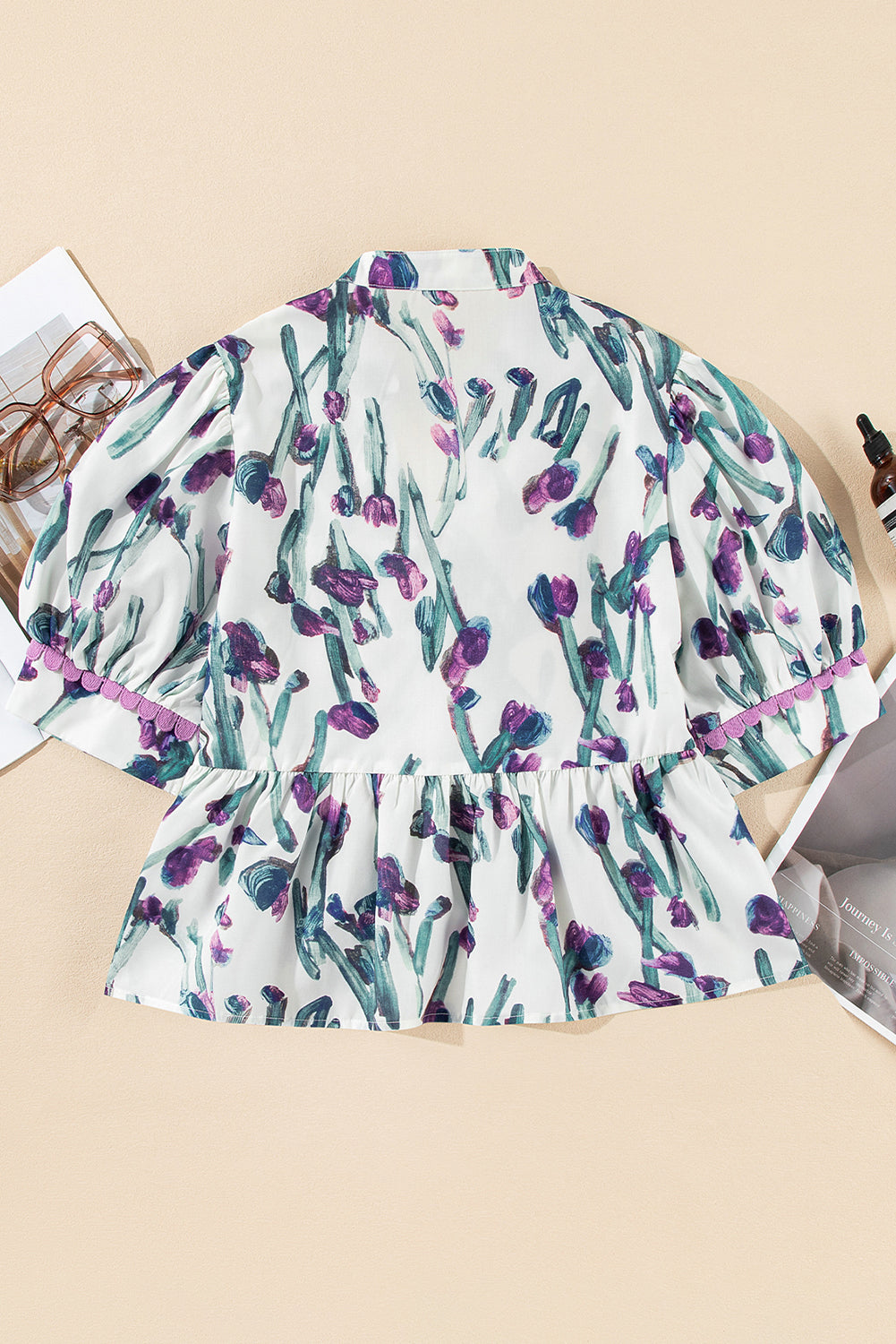 Purple Floral Ricrac Trim Puff Sleeve Peplum Blouse