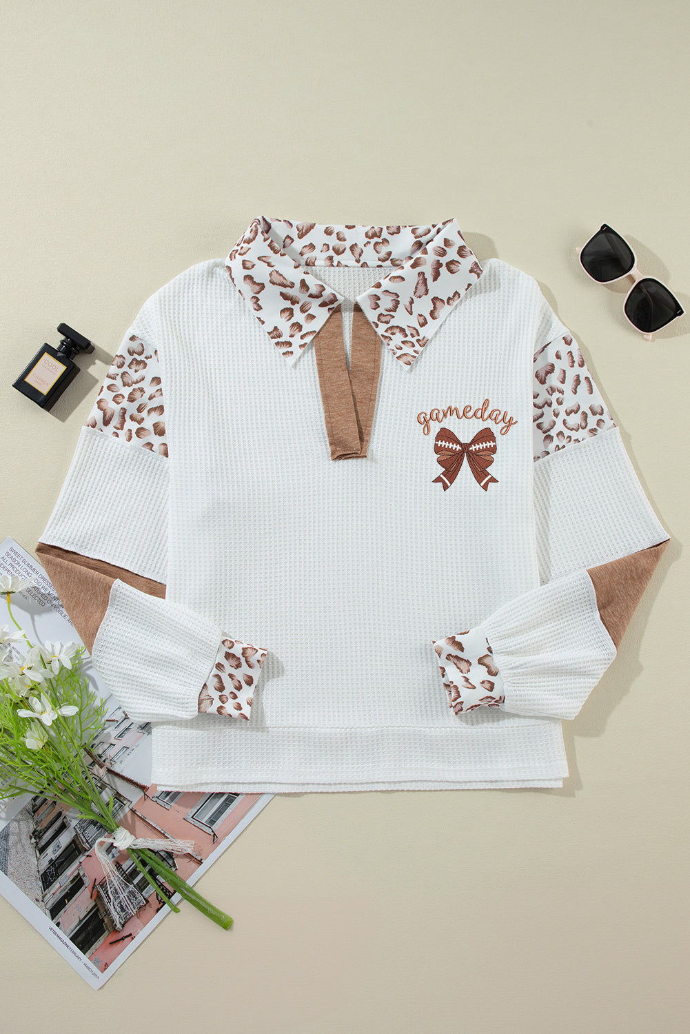 White game day Bow Embroidered Leopard Patchwork Collared Top