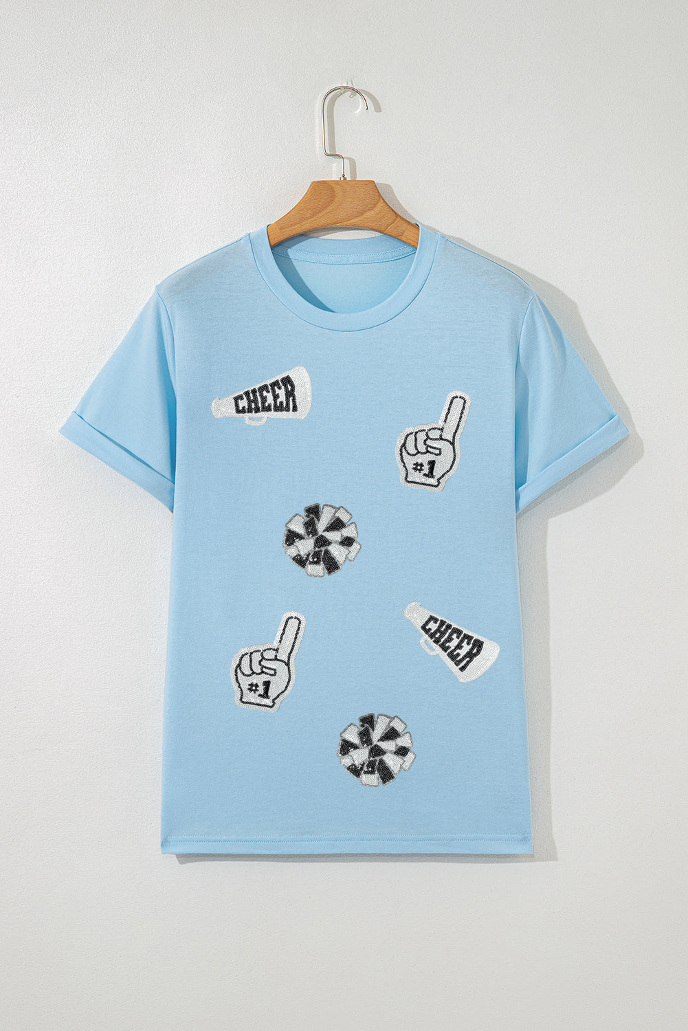 Light Blue Cheer Game Day Element Sequin Patched T Shirt