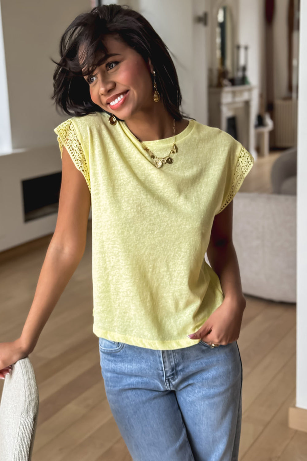 Yellow Cream Lace Patchwork Cap Sleeve Round Neck Top