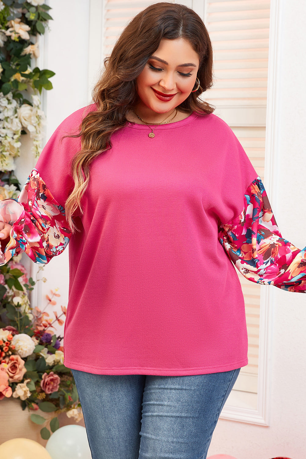 Bright Pink Floral Patchwork Flounce Sleeve Plus Knit Top