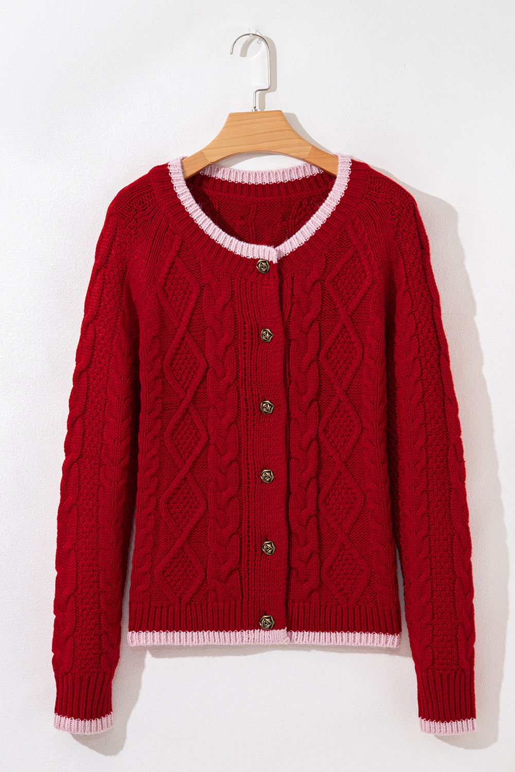 Racing Red Contrast Edge Twist Cable Knit Buttoned Cardigan