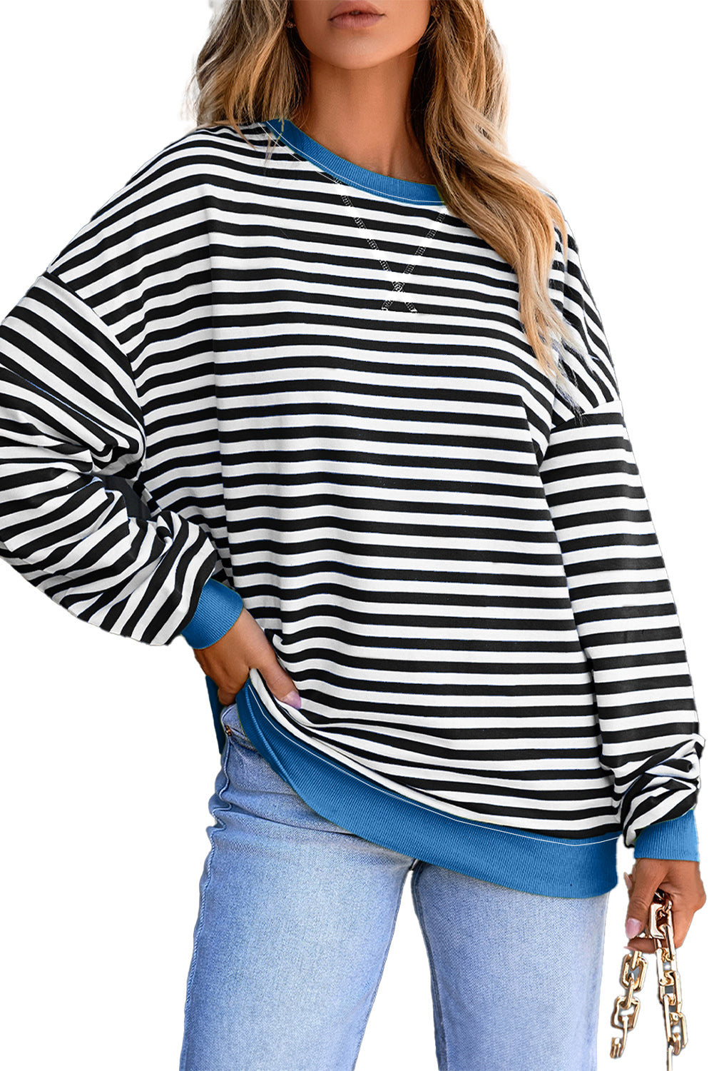 White Striped Contrast Trim Drop Shoulder Sweatshirt