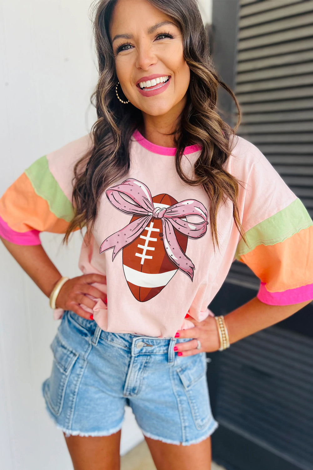 Pink Colorblock Sleeve Rhinestone Bow Football Print T Shirt